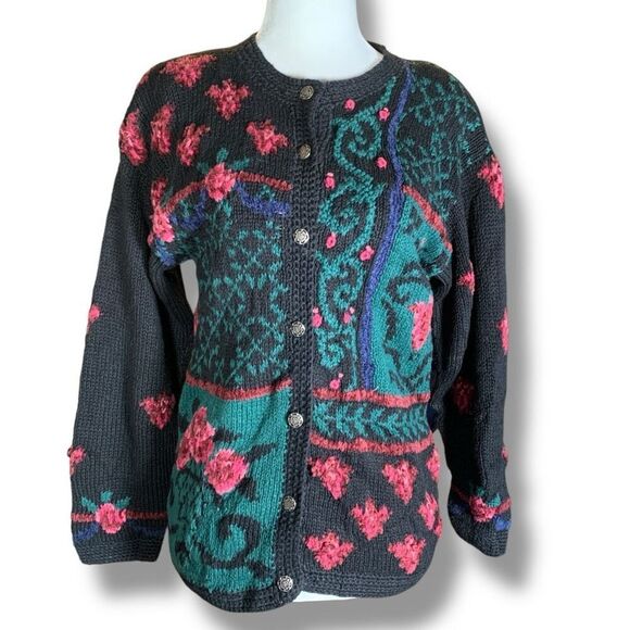 Vintage 90s Knit Floral Cardigan Sweater Round Neck Black Dark Floral Pink - Picture 12 of 12